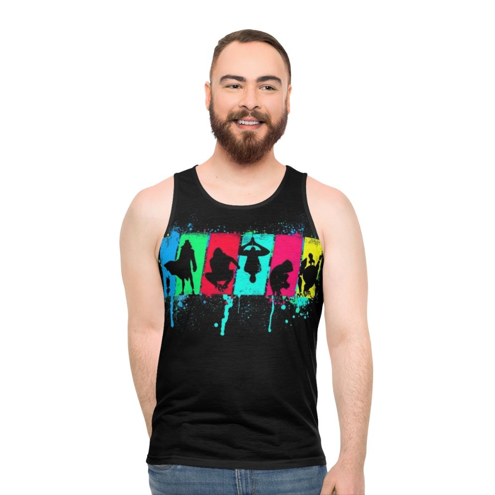Neon silhouette of Spider-Verse character on unisex spider souls tank top