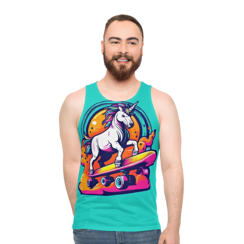 Neon unicorn skateboarding unisex tank top