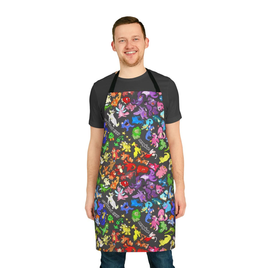 Colorful all-over print apron featuring various Neopets characters