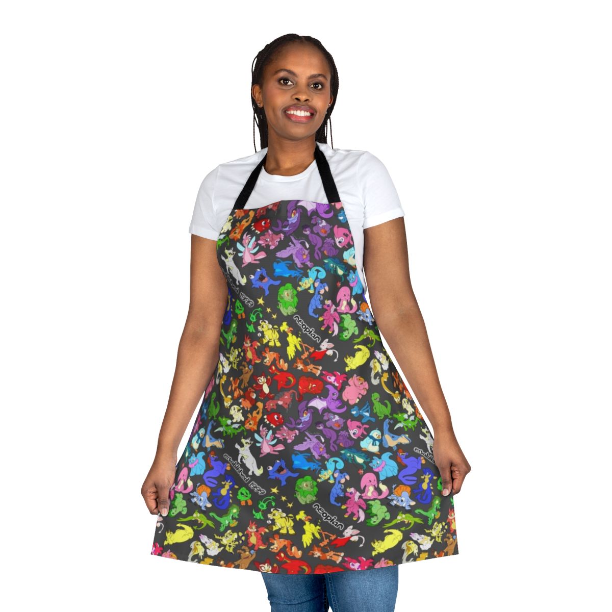 Colorful all-over print apron featuring various Neopets characters