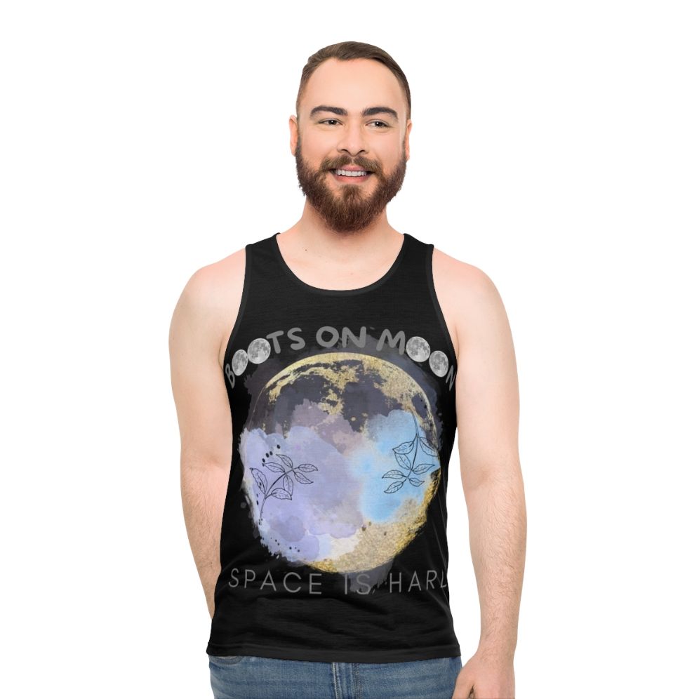 "Netflix Space Force Unisex Tank Top with Boots on the Moon Design"