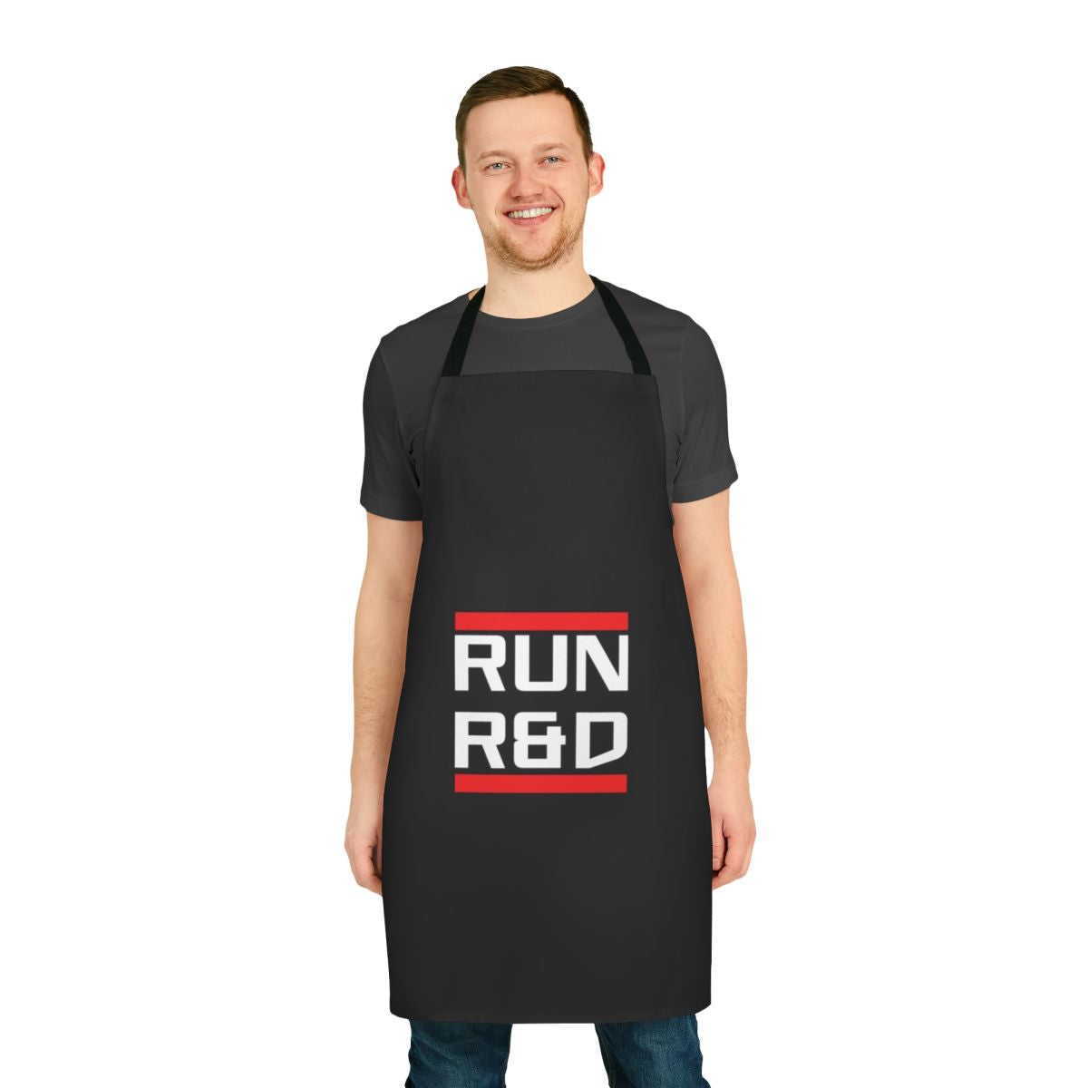 Netrunner-themed apron with "Run R&D" design