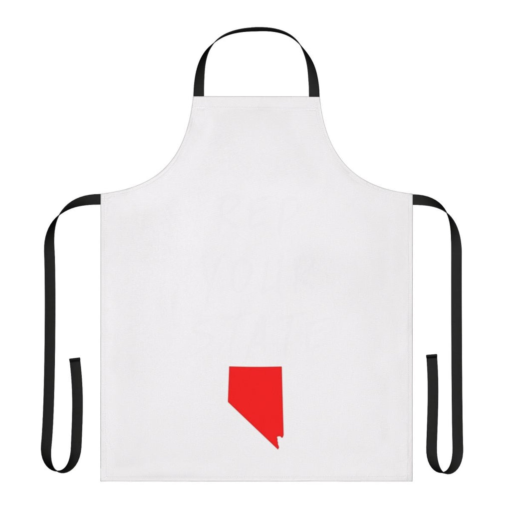 A navy blue apron with the outline of the state of Nevada printed on it.