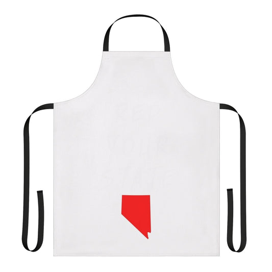 A navy blue apron with the outline of the state of Nevada printed on it.