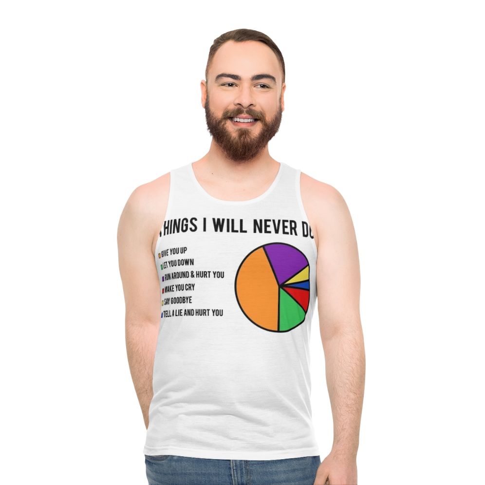 Unisex tank top featuring the "Never Gonna Give You Up" music joke