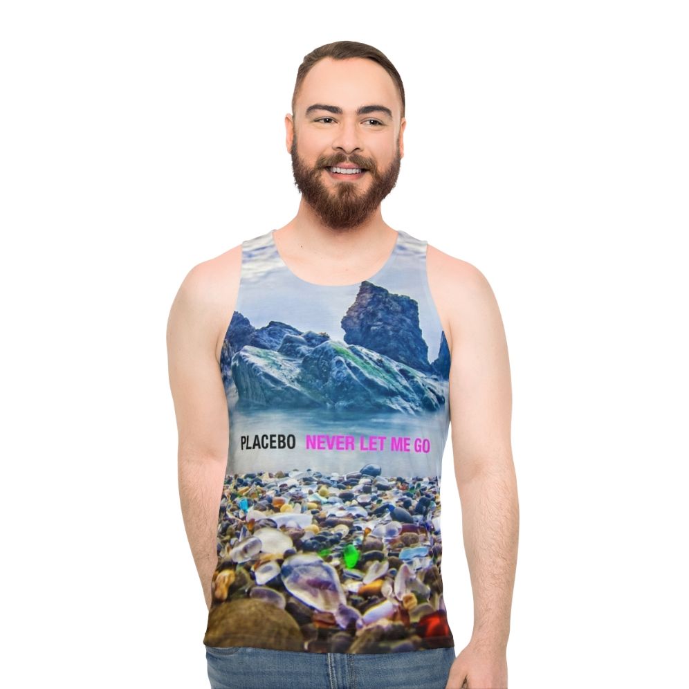 "Never Let Me Go" unisex tank top with contemporary aesthetic