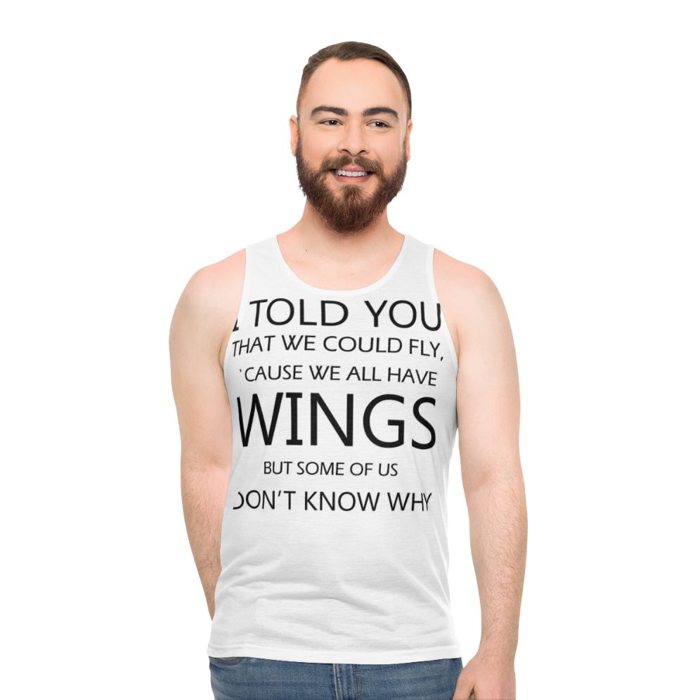 Unisex retro-style tank top with "Never Tear Us Apart" music quote