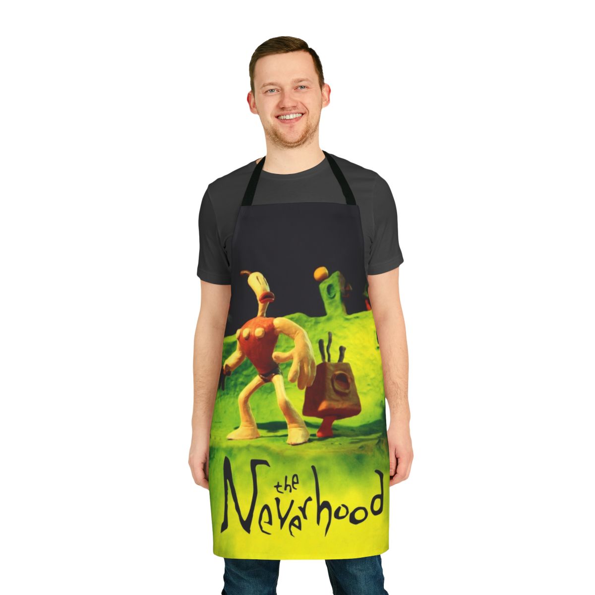 Neverhood-inspired high contrast apron with pixel art design