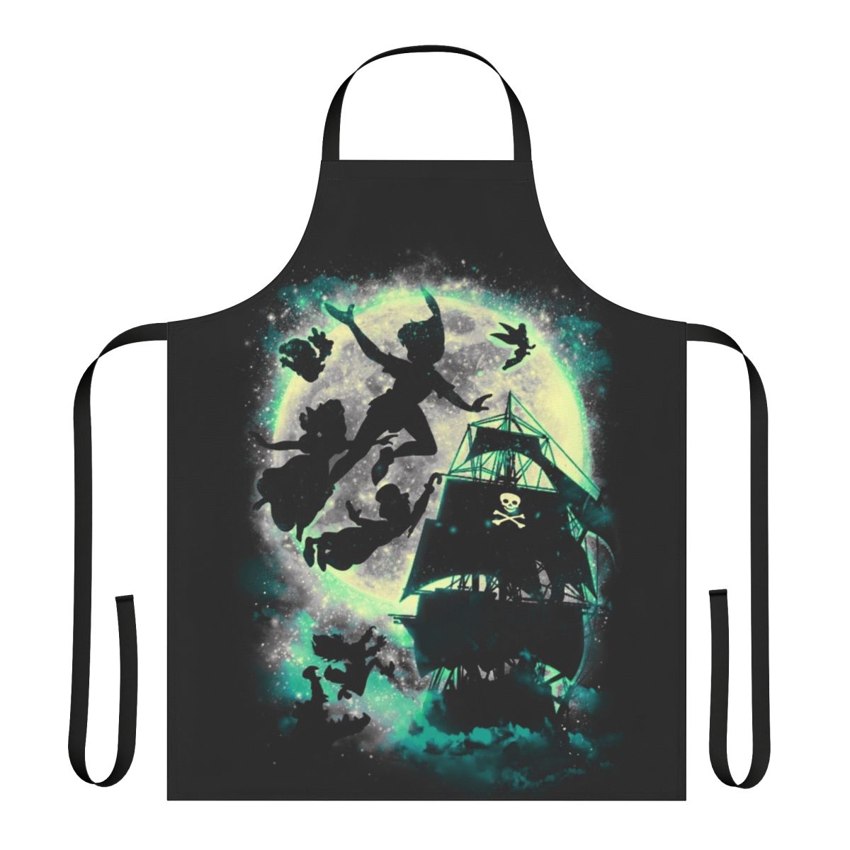 Apron featuring a Neverland-themed design with Peter Pan, Captain Hook, and other iconic elements