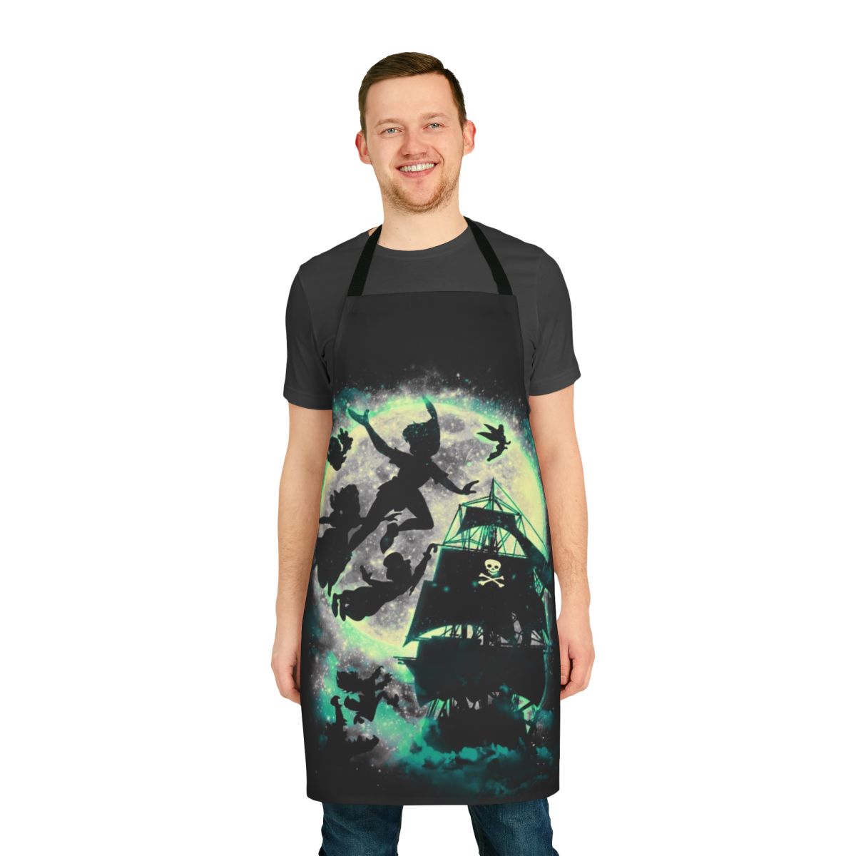 Apron featuring a Neverland-themed design with Peter Pan, Captain Hook, and other iconic elements
