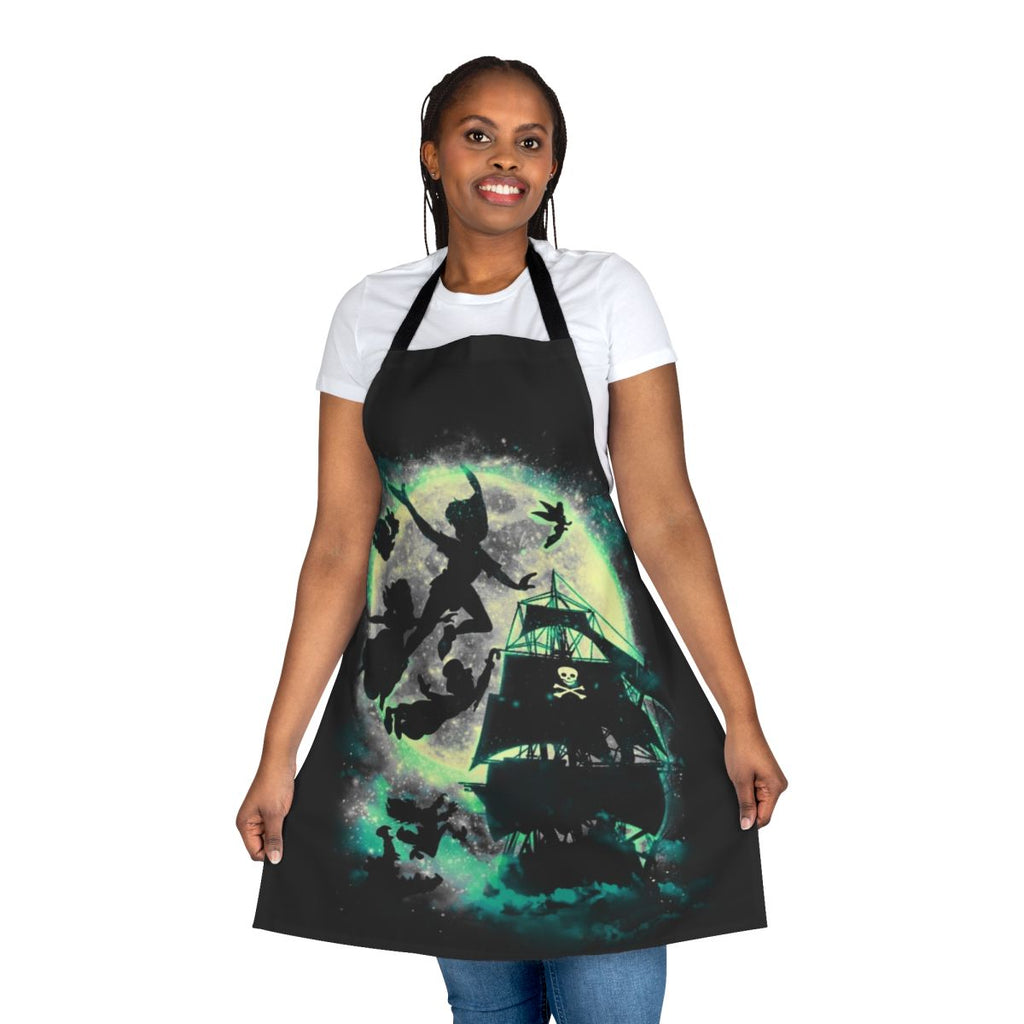 Apron featuring a Neverland-themed design with Peter Pan, Captain Hook, and other iconic elements