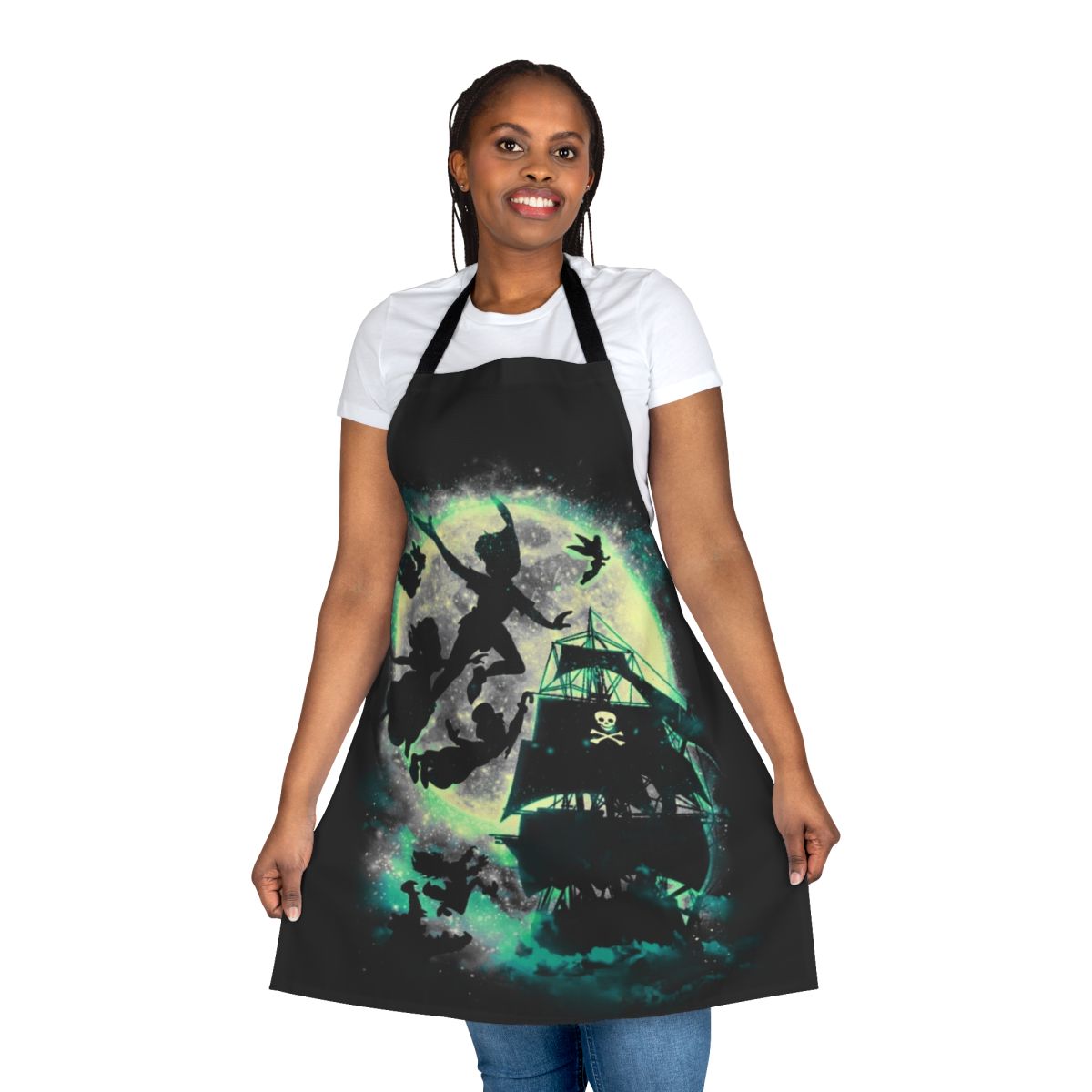 Apron featuring a Neverland-themed design with Peter Pan, Captain Hook, and other iconic elements