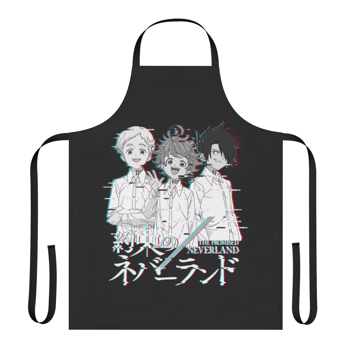 Neverland-inspired glitch pattern apron, featuring characters from the anime "The Promised Neverland"