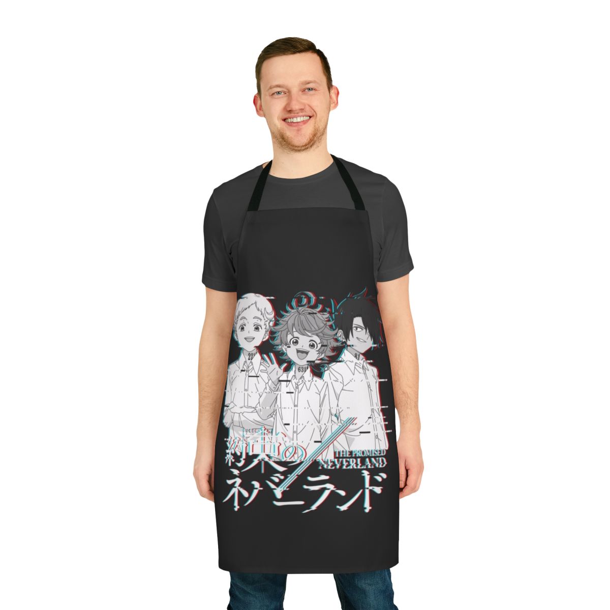 Neverland-inspired glitch pattern apron, featuring characters from the anime "The Promised Neverland"