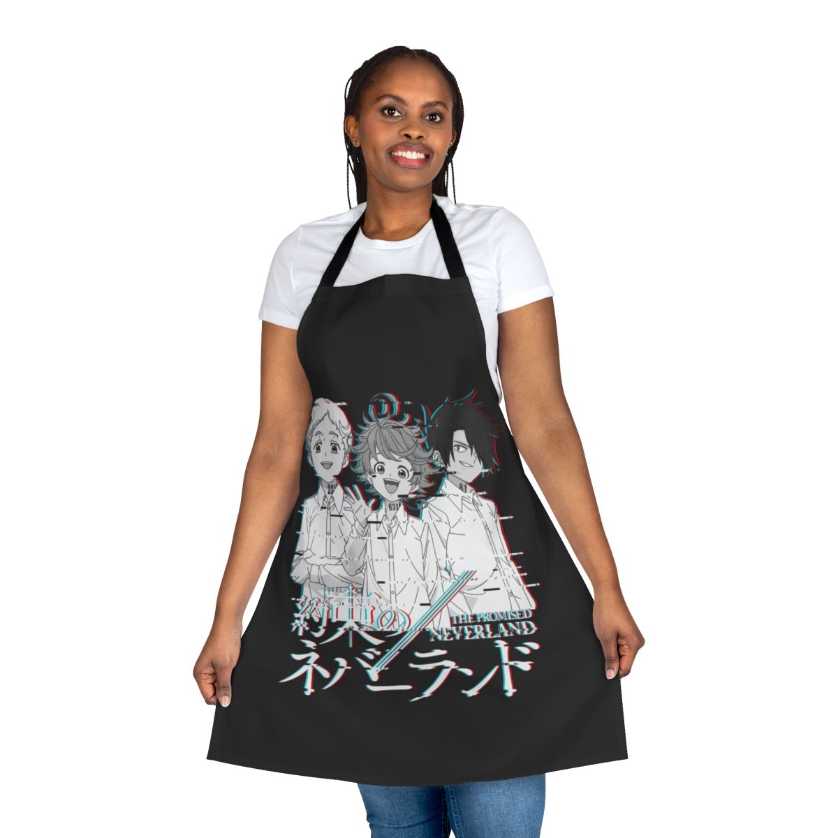 Neverland-inspired glitch pattern apron, featuring characters from the anime "The Promised Neverland"