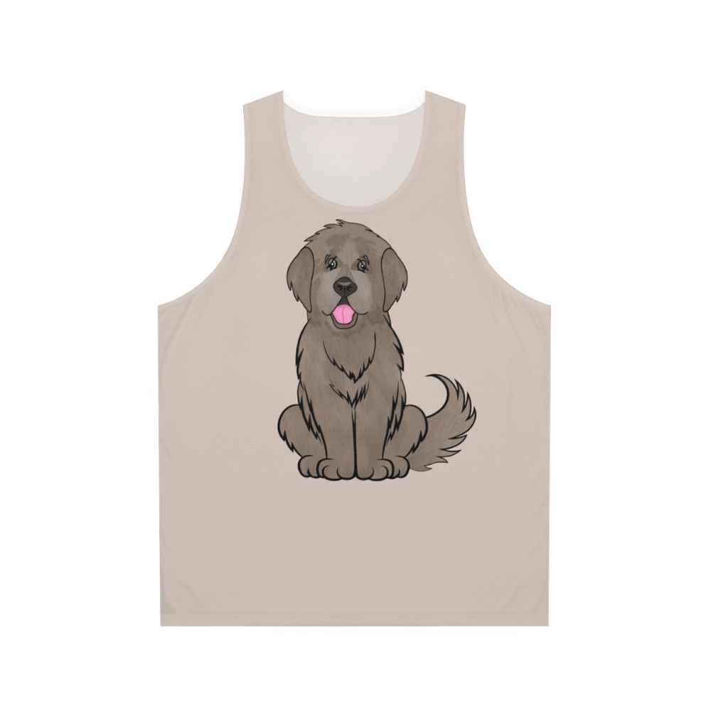 Newfoundland dog wearing a beige tank top