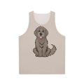 Newfoundland dog wearing a beige tank top