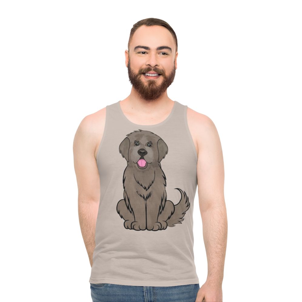 Newfoundland dog wearing a beige tank top