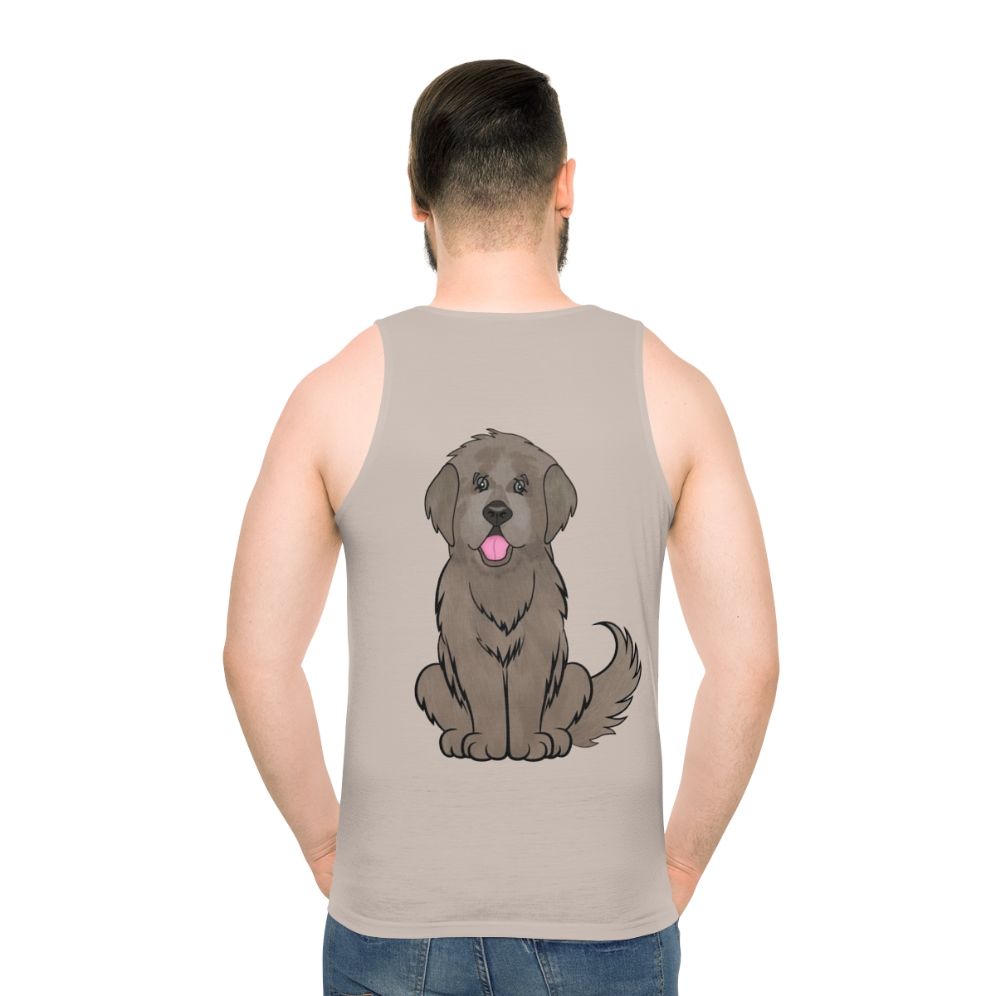 Newfoundland dog wearing a beige tank top