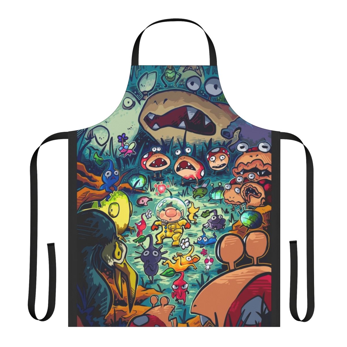 An apron design featuring various nighttime predator-inspired creatures from video games and anime.