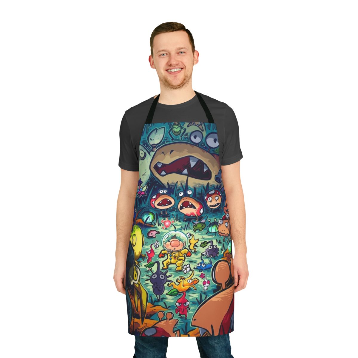 An apron design featuring various nighttime predator-inspired creatures from video games and anime.