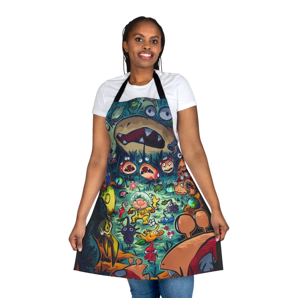 An apron design featuring various nighttime predator-inspired creatures from video games and anime.