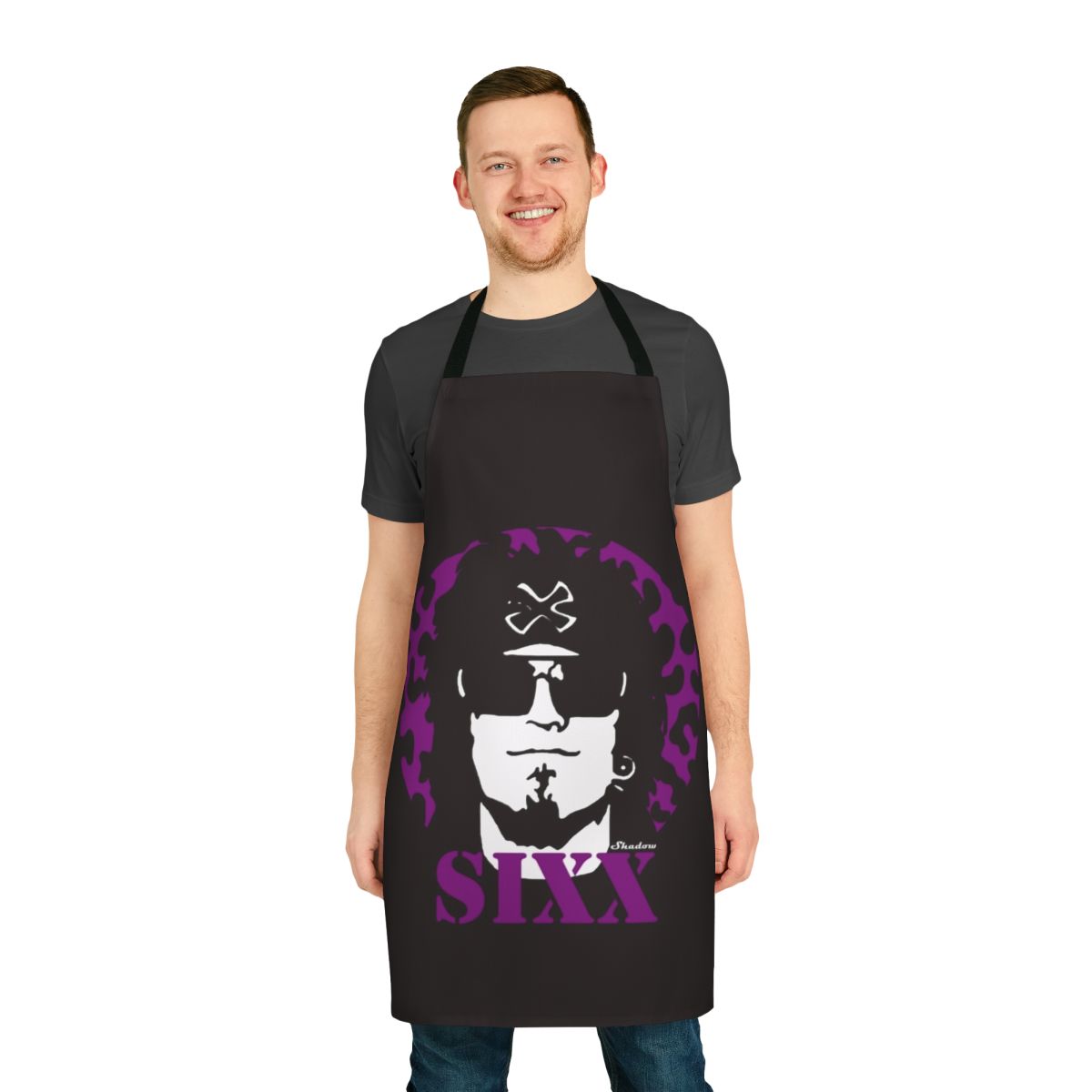 Nikki Sixx inspired retro 80s metal musician apron with pencil and rock symbol