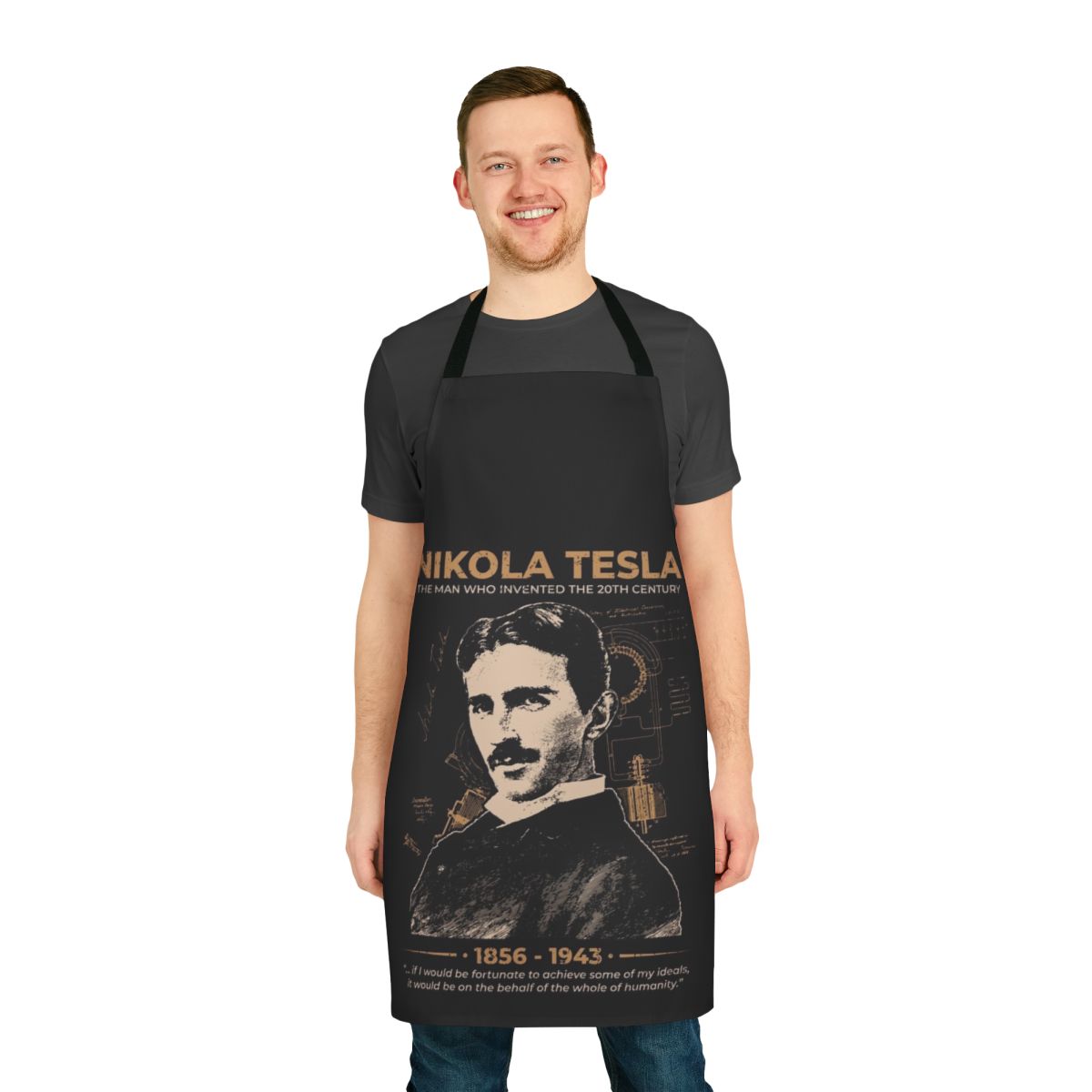 Nikola Tesla inspired apron featuring his famous quotes and scientific elements