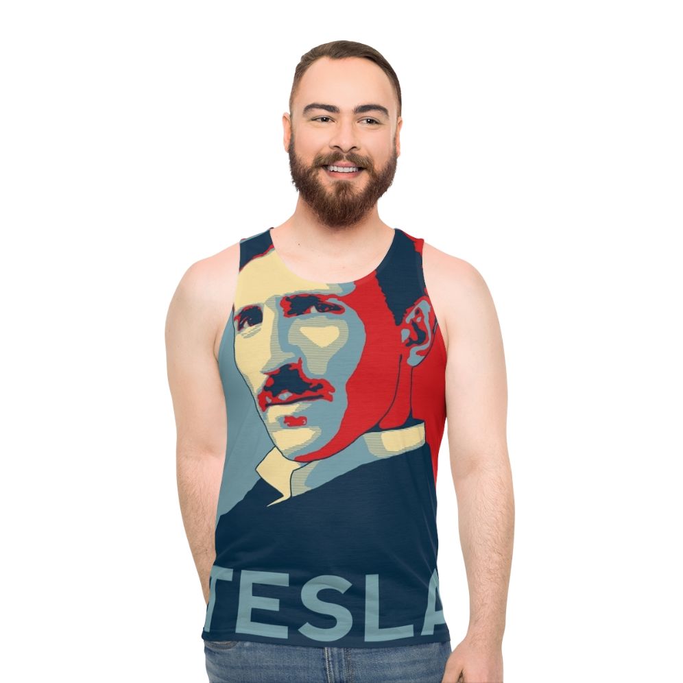 Nikola Tesla Unisex Tank Top featuring a Tesla coil design