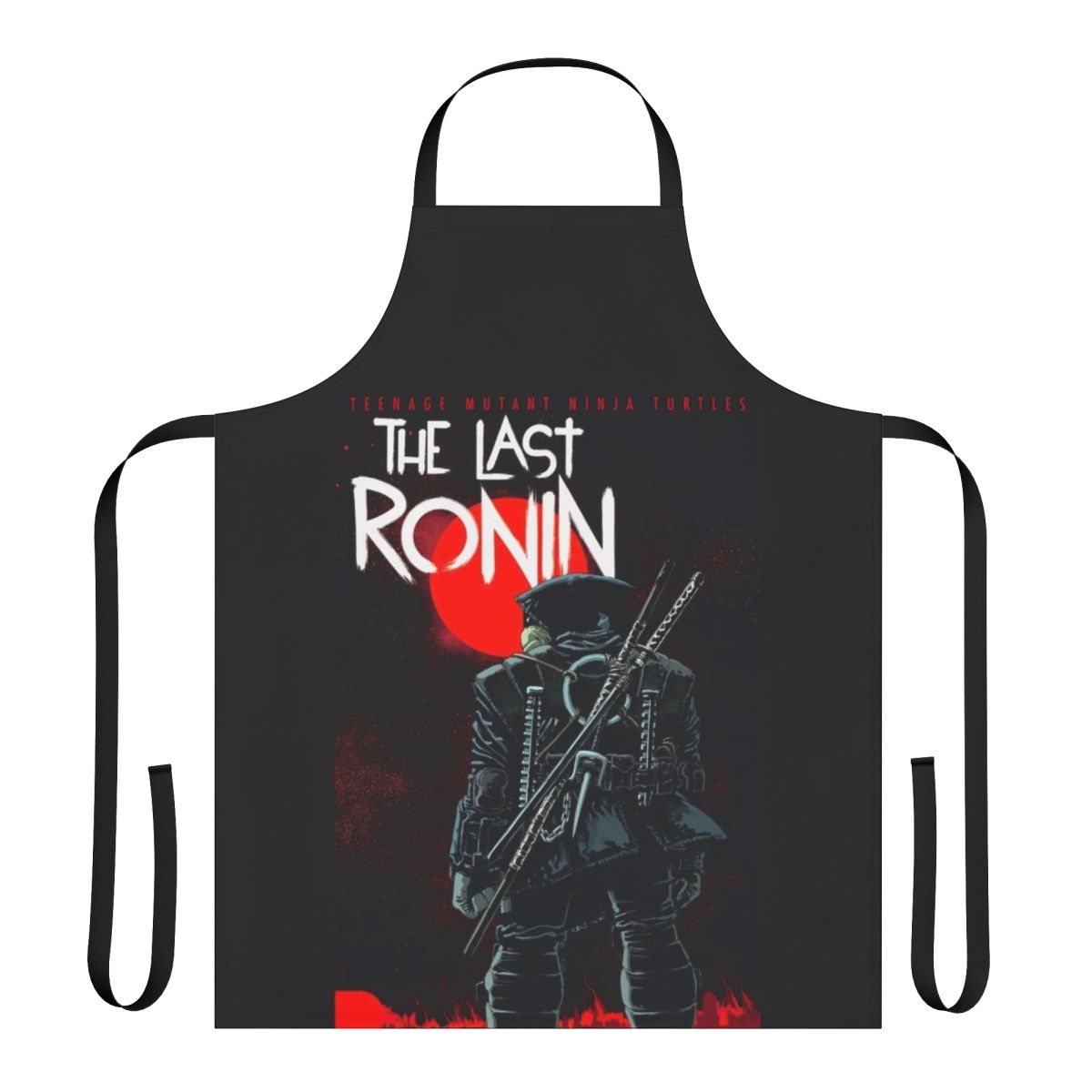 A black apron with a graphic design of the Last Ronin from the Teenage Mutant Ninja Turtles franchise.