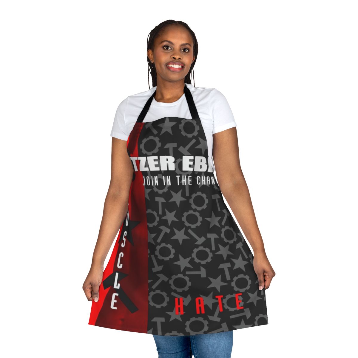 Nitzer Ebb-inspired chant apron with text "Muscle and Hate"