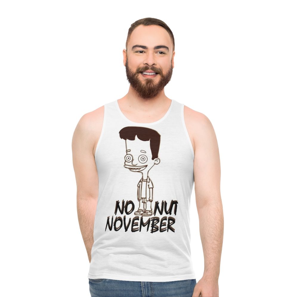 Unisex no nut november tank top with big mouth hormone monster design