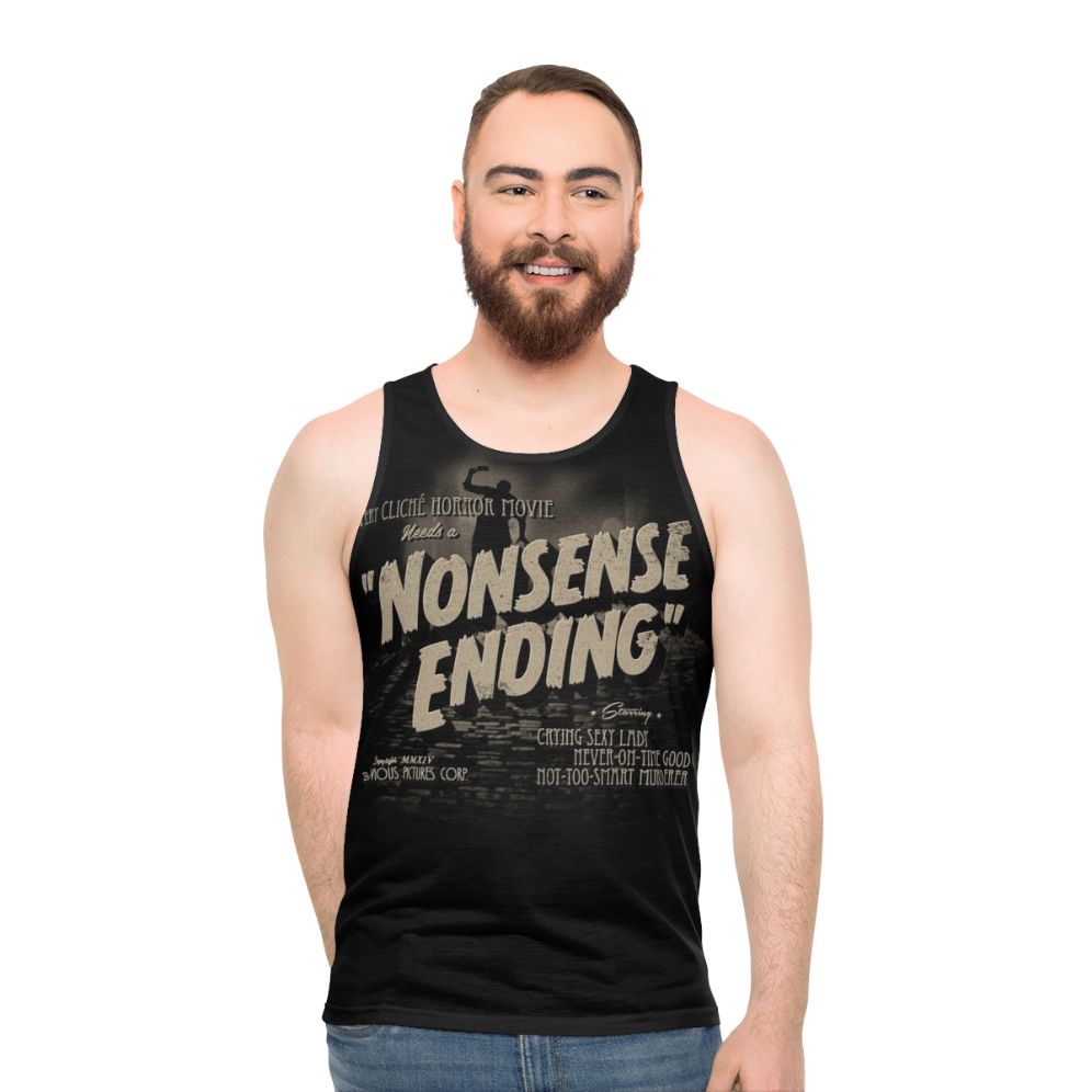 Unisex tank top with "Nonsense Ending" horror movie cliché design