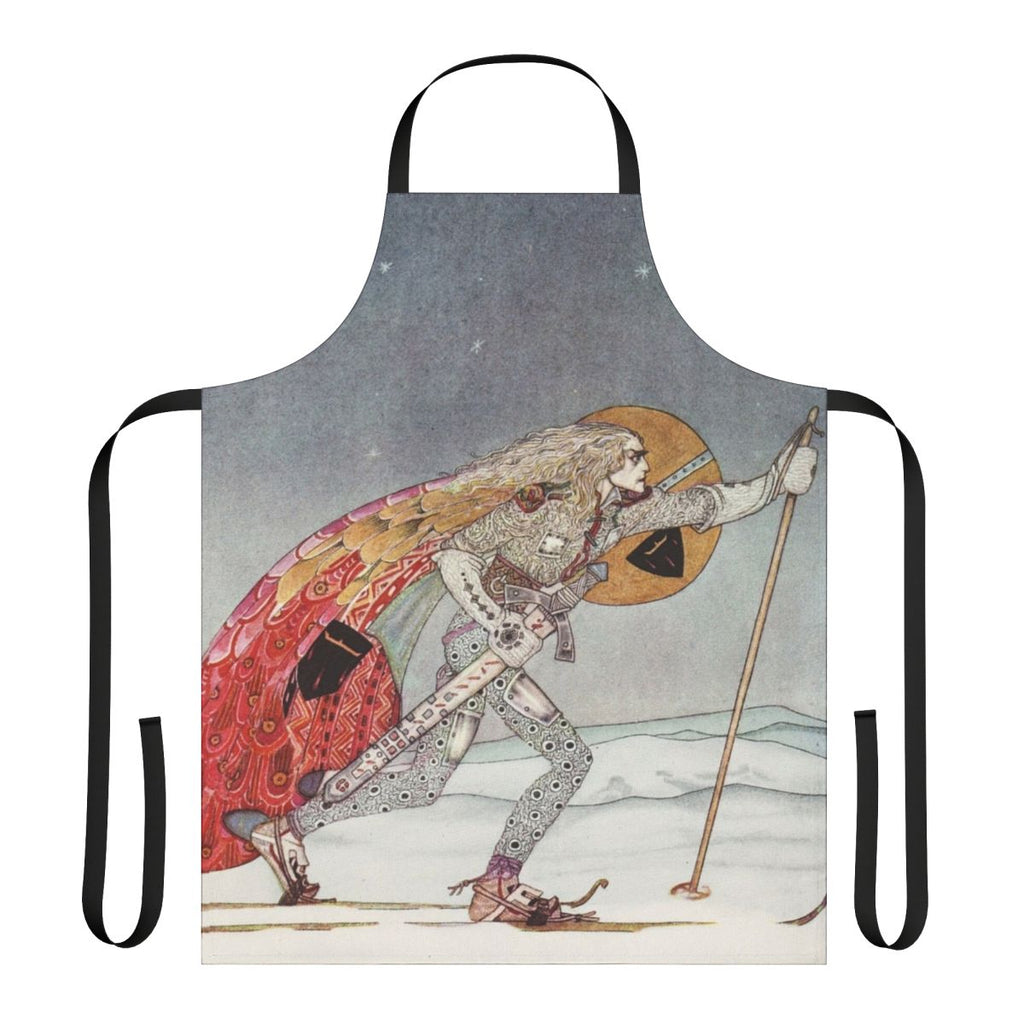 An apron featuring a detailed, colorful illustration of a man wearing snow shoes against a backdrop of stars, snow, and fantasy elements.