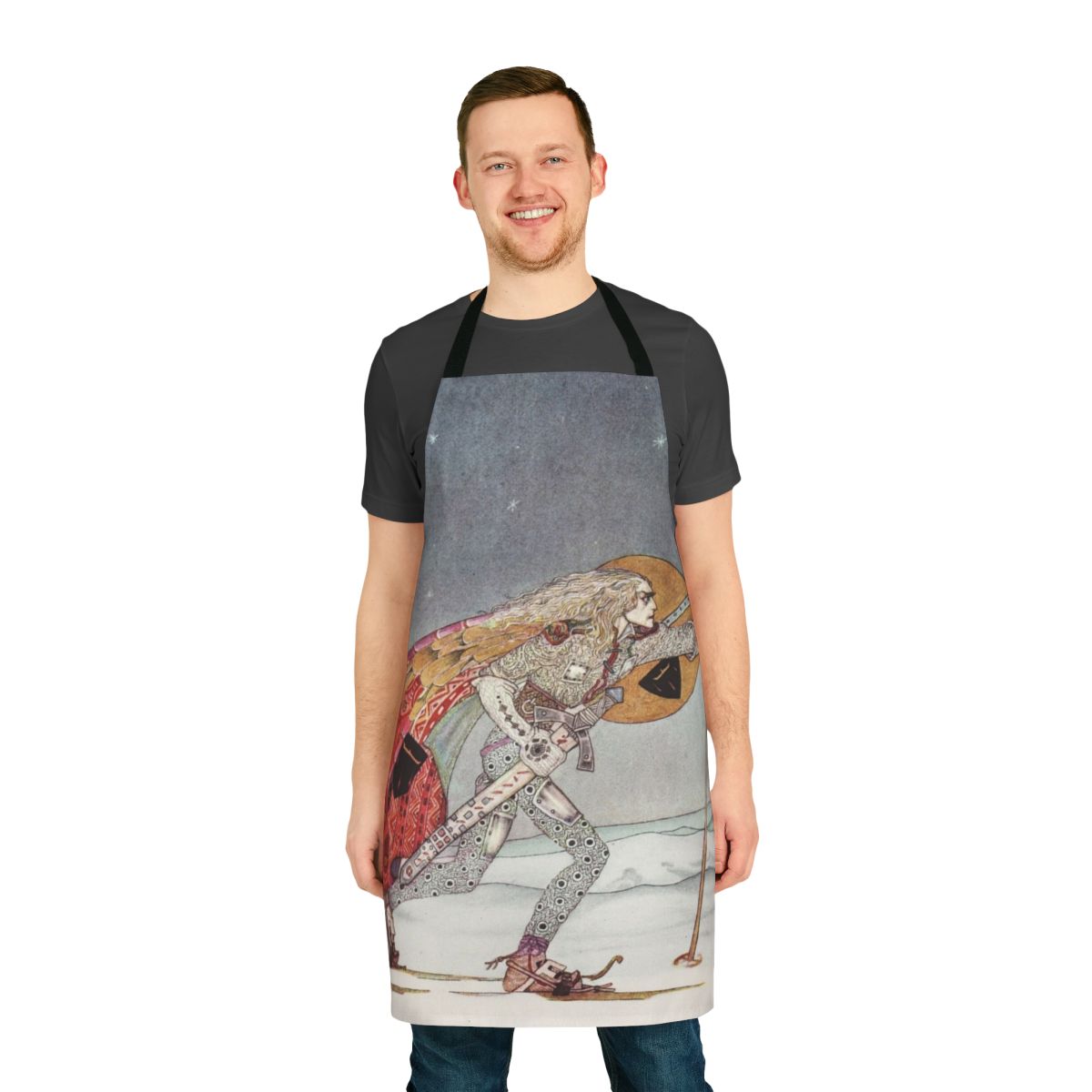 An apron featuring a detailed, colorful illustration of a man wearing snow shoes against a backdrop of stars, snow, and fantasy elements.