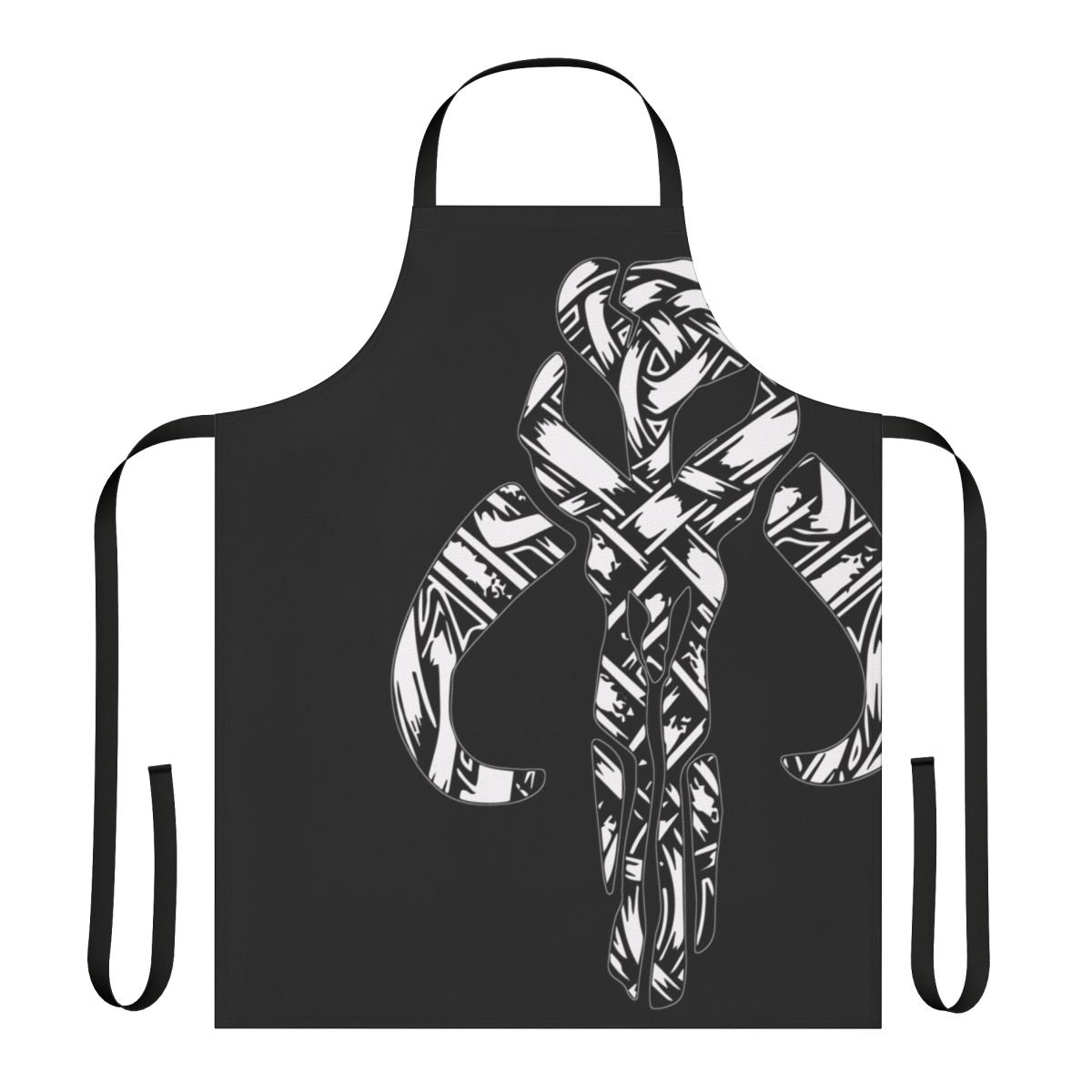 A stylish apron with a Mythosaur skull and Skandilorian design, perfect for fans of Mandalorian and Nordic/Scandinavian culture.