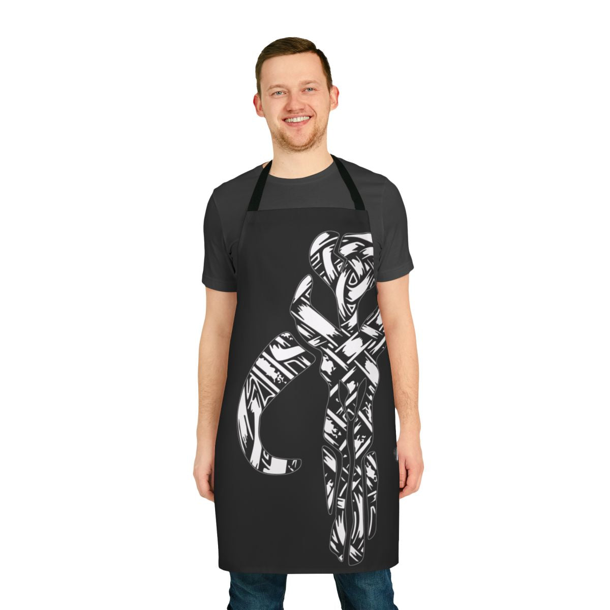A stylish apron with a Mythosaur skull and Skandilorian design, perfect for fans of Mandalorian and Nordic/Scandinavian culture.