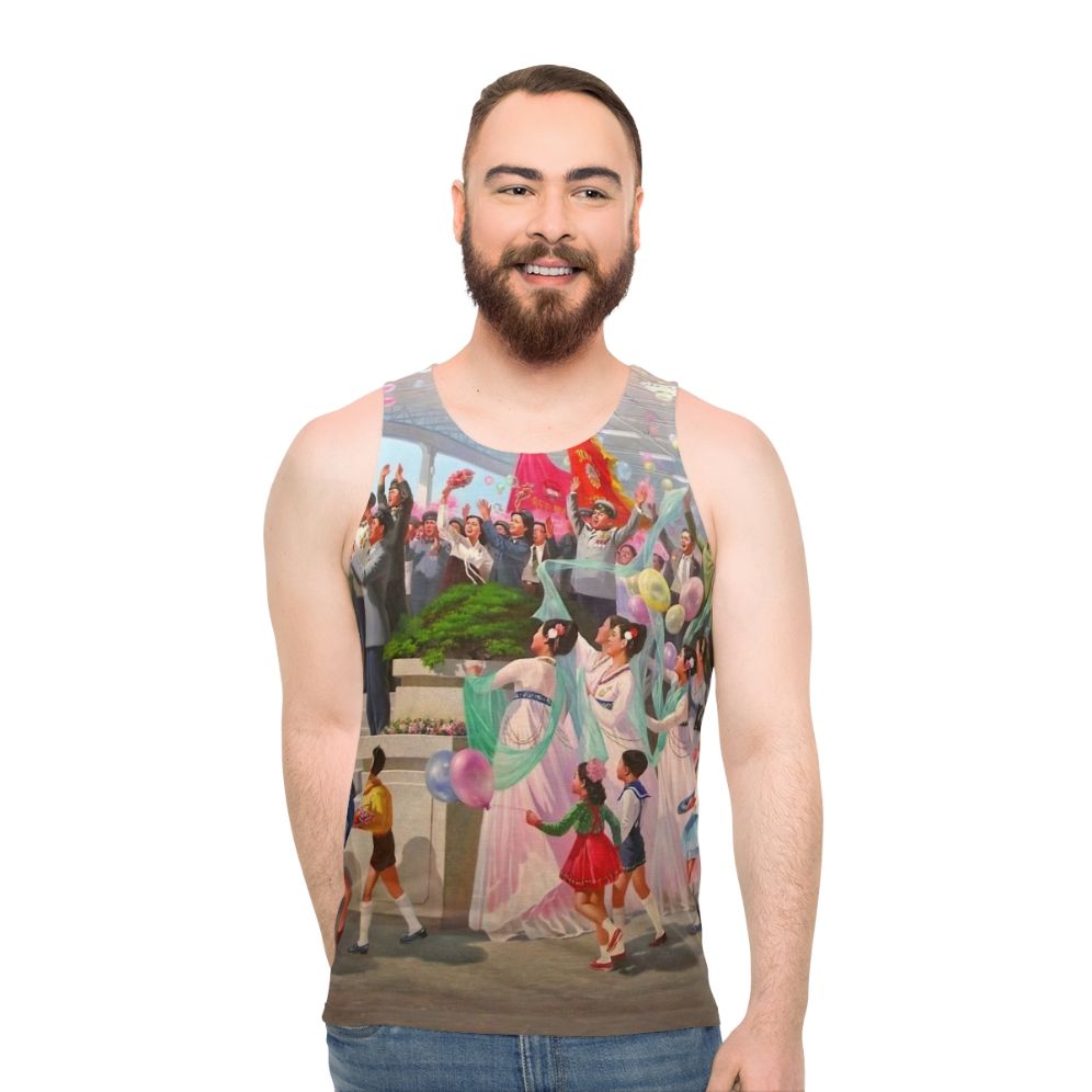 Unisex tank top with North Korea propaganda-inspired colorful design