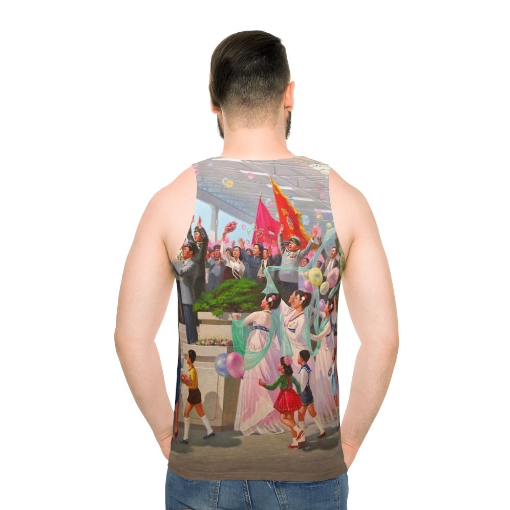 Unisex tank top with North Korea propaganda-inspired colorful design
