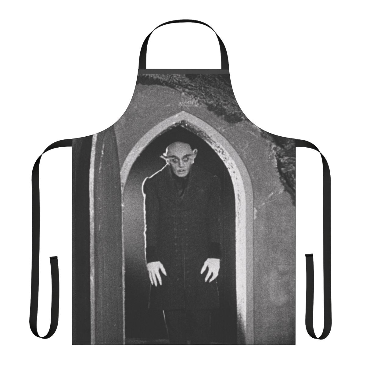 A black apron featuring the iconic image of Count Orlok from the classic silent horror film Nosferatu.