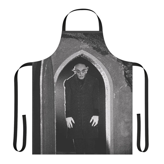 A black apron featuring the iconic image of Count Orlok from the classic silent horror film Nosferatu.