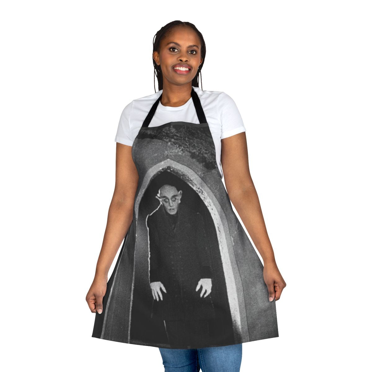 A black apron featuring the iconic image of Count Orlok from the classic silent horror film Nosferatu.