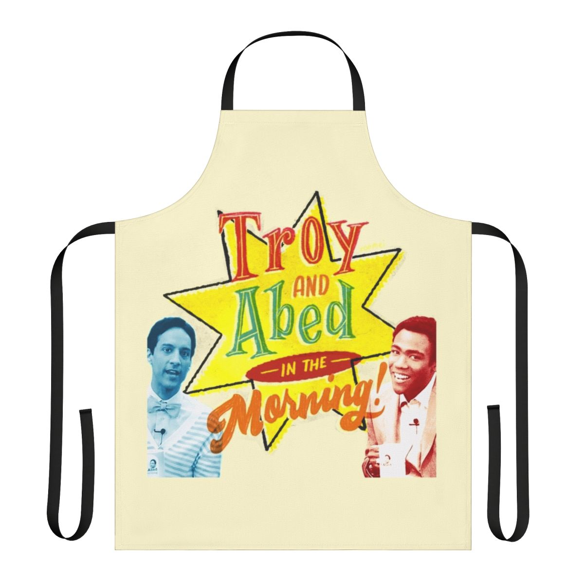 Troy and Abed from the TV show Community wearing a morning show-inspired apron