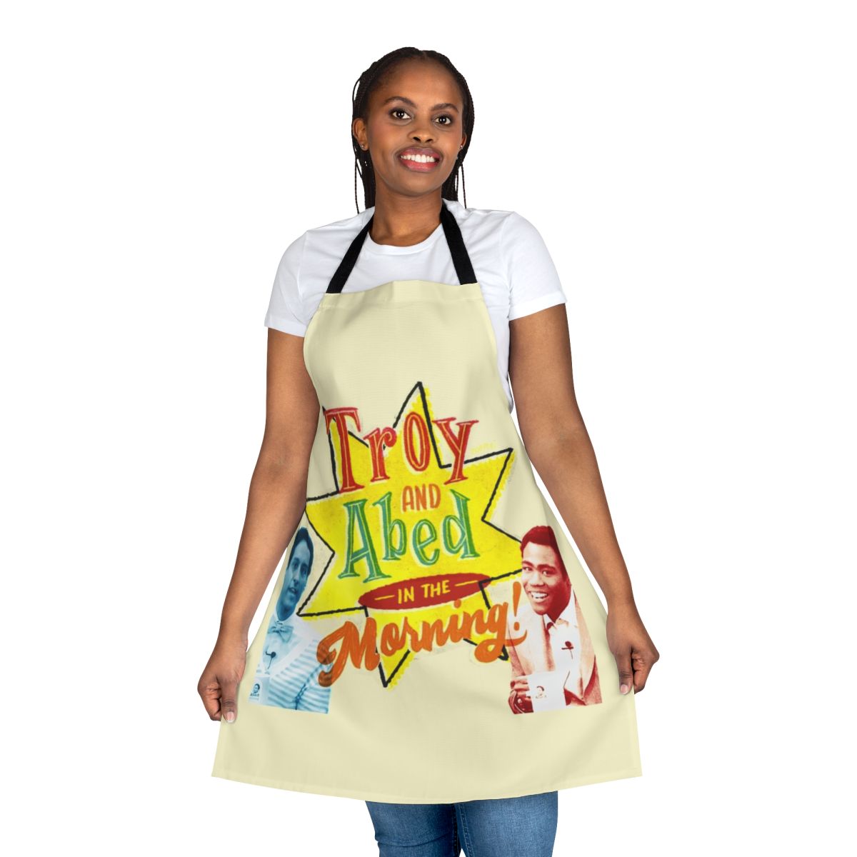 Troy and Abed from the TV show Community wearing a morning show-inspired apron