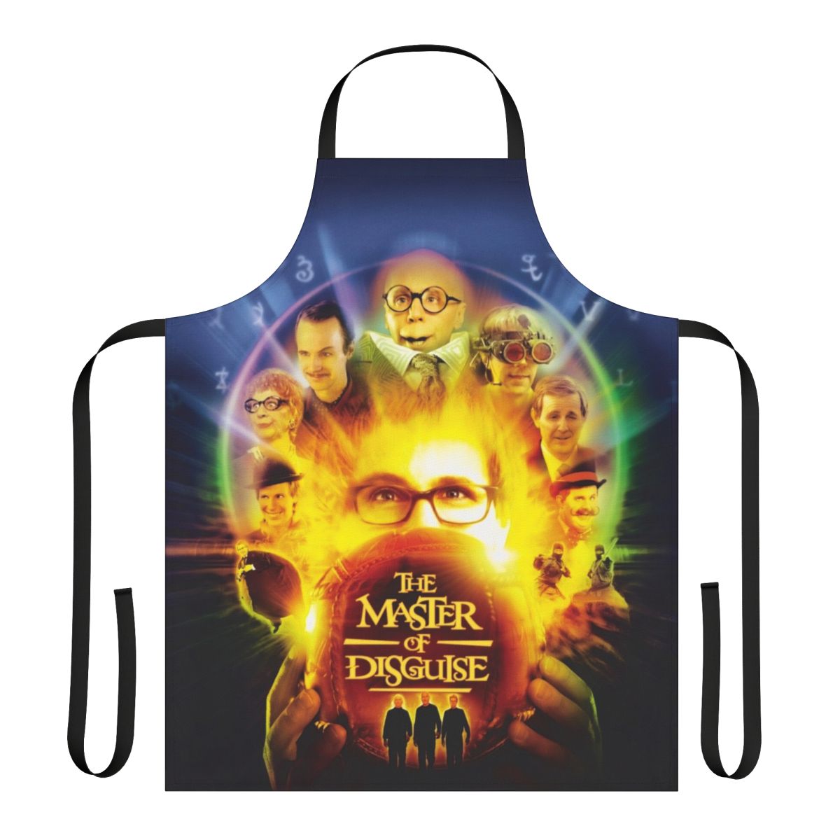 Vintage-inspired apron featuring elements from the 2000s comedy film "The Master of Disguise"
