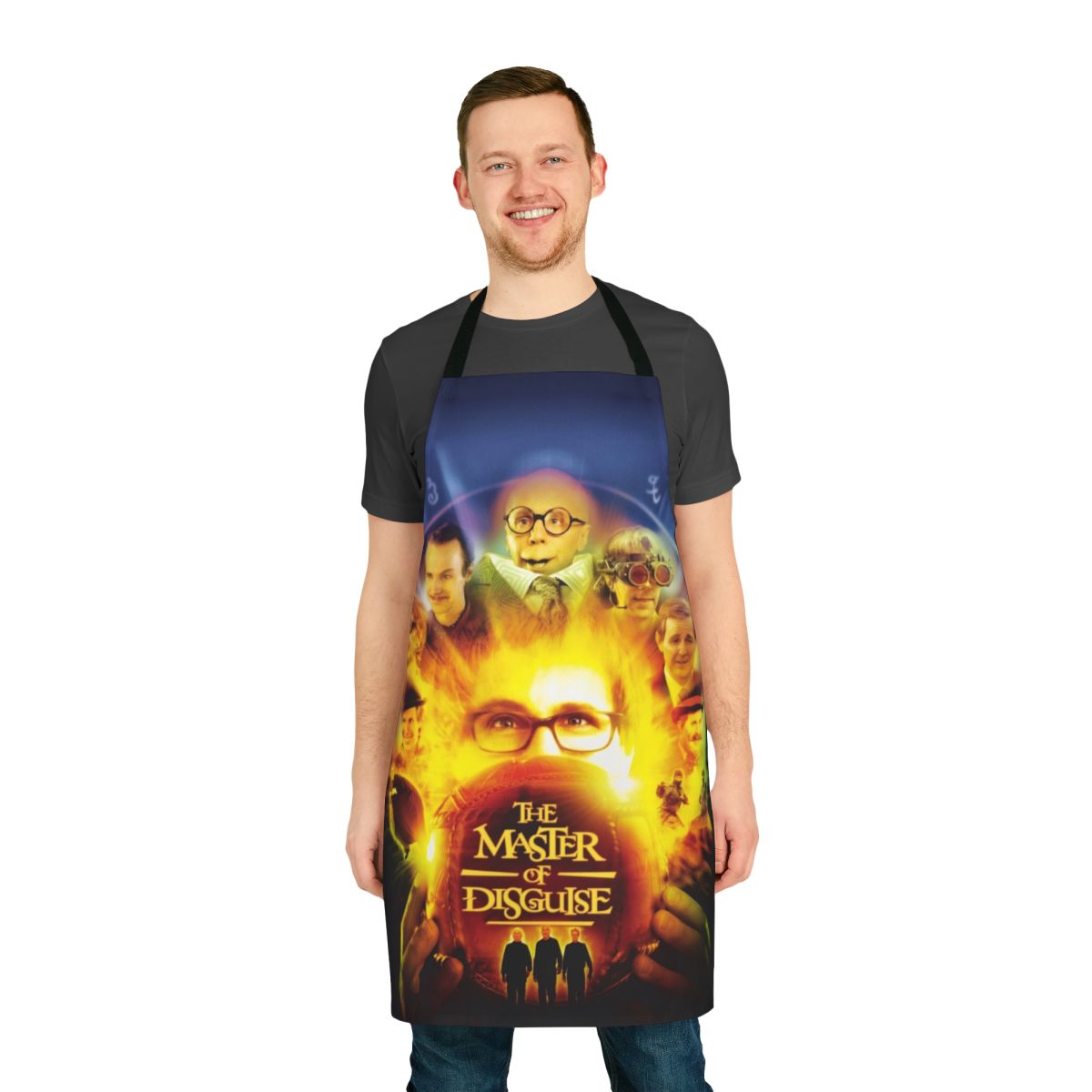 Vintage-inspired apron featuring elements from the 2000s comedy film "The Master of Disguise"