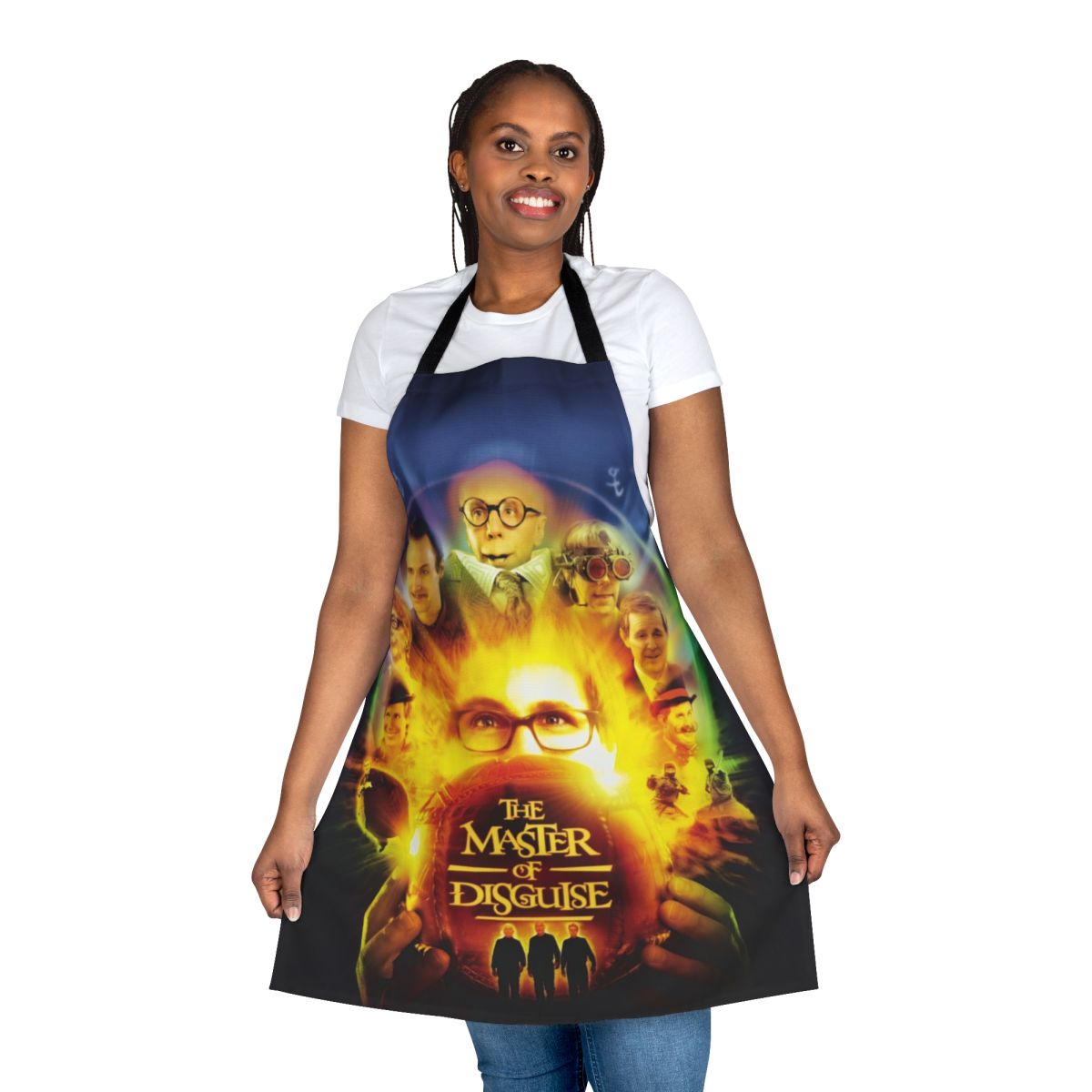 Vintage-inspired apron featuring elements from the 2000s comedy film "The Master of Disguise"