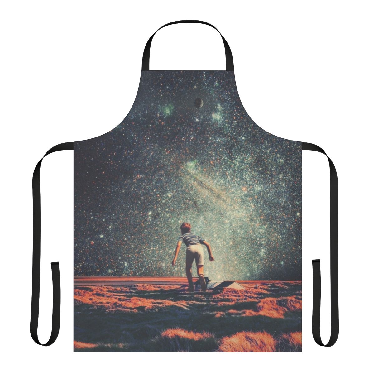 Nostalgic retro-style apron with a whimsical space-themed graphic design featuring planets, stars, and a dreamy cosmic landscape.