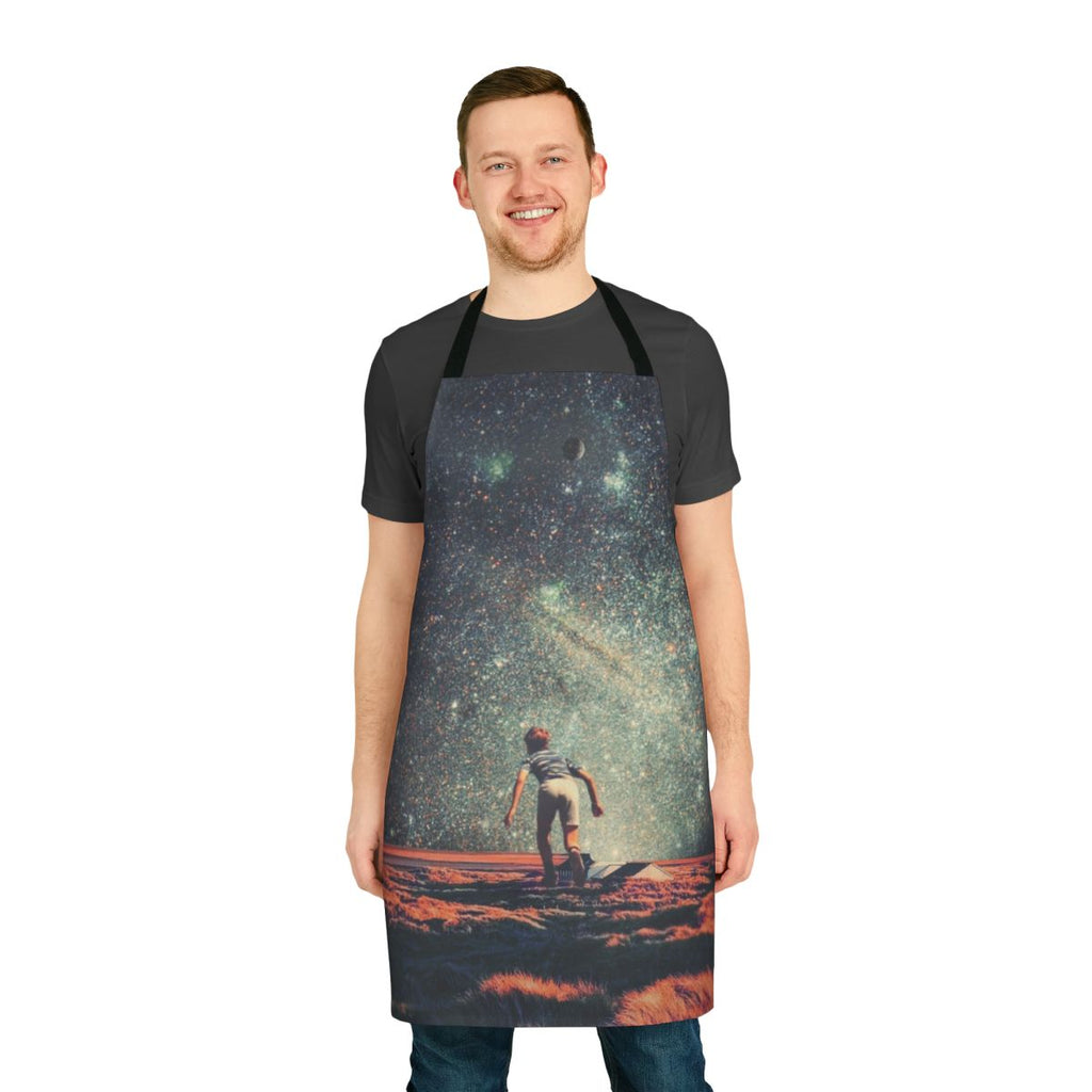 Nostalgic retro-style apron with a whimsical space-themed graphic design featuring planets, stars, and a dreamy cosmic landscape.