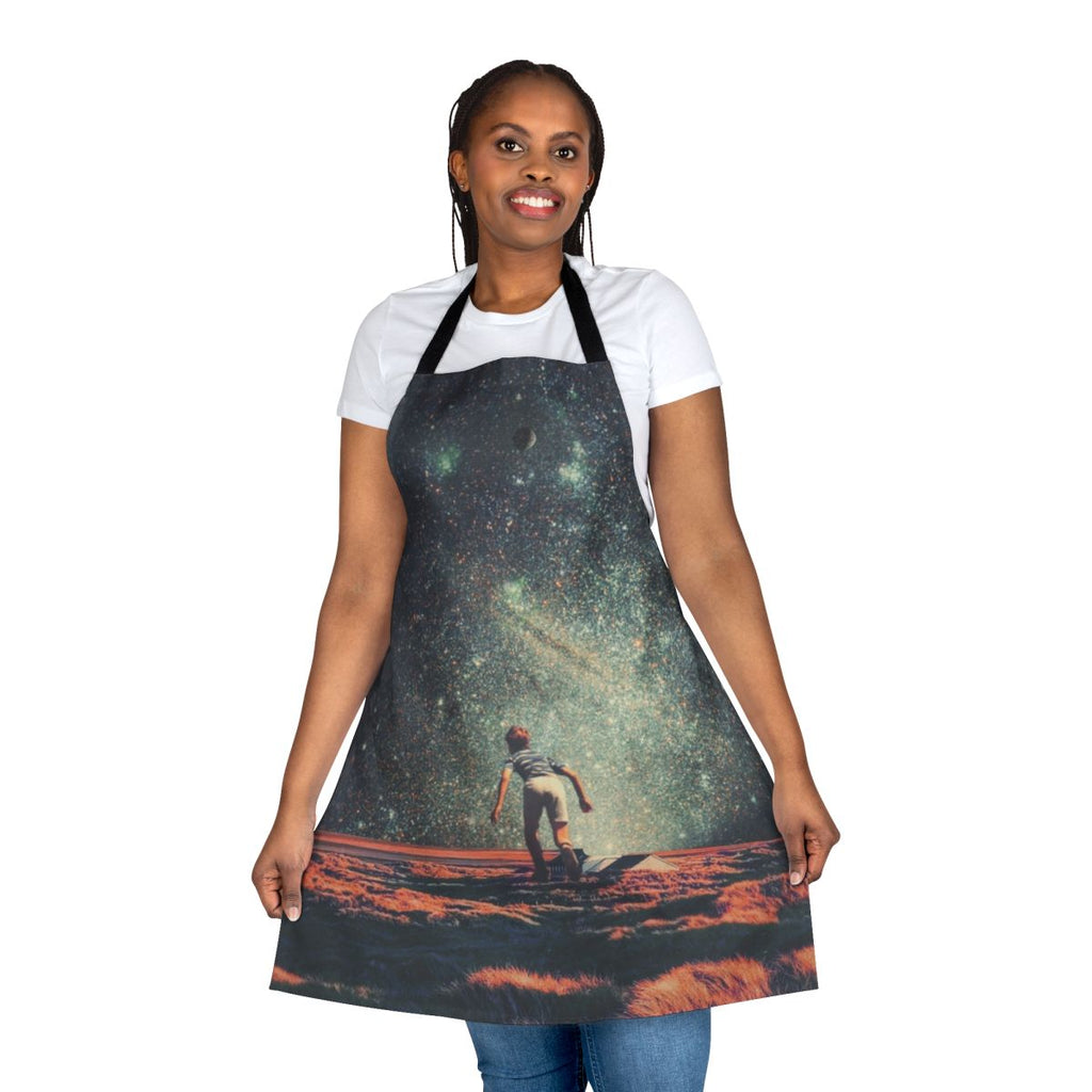 Nostalgic retro-style apron with a whimsical space-themed graphic design featuring planets, stars, and a dreamy cosmic landscape.